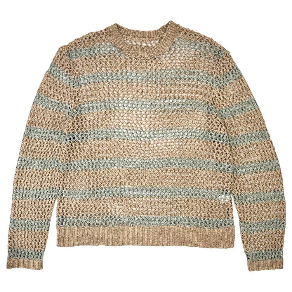 Aime Leon Dore Loose Knit Striped Brown Green Linen Mesh Knit Crewneck Sweater